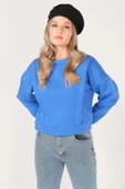 Kadın Sıfır Yaka Crop Sweatshirt Saks Mavi - 4