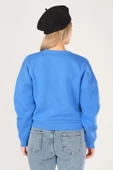 Kadın Sıfır Yaka Crop Sweatshirt Saks Mavi - 6