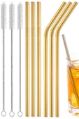 9 Parça Gold Metal Pipet Paslanmaz Çelik Meşrubat Pipeti Çubuk Pipet Temizleme Fırçası - 1