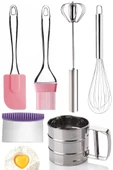 Hamur Kesici Tel Çırpıcı Un Eleği Çelik Basmalı Yumurta Çırpıcı Silikon Yağ Fırçası Silikon Spatula - 1