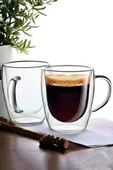 Çift Camlı Çift Cidarlı Cam Kupa 250 ml Ev Ofis Fincanı Çift Katlı Isı Yalıtımlı Kulplu Cam Bardak - 1