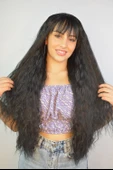 SİYAH Afro Dalgalı Uzun Fiber Sentetik Perçemli Peruk - 1
