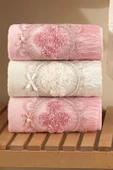 Louis Marie | 50x90 cm | Daisy | Nakışlı | Dantelli | Pamuk |Pudra-Krem|4 Adet|El Yüz Havlu Seti - 2