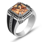 Sitrin Taşlı Kare Tasarım 925 Gümüş Erkek Yüzük - 2