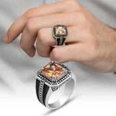 Sitrin Taşlı Kare Tasarım 925 Gümüş Erkek Yüzük - 1