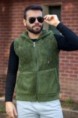 Erkek Haki Peluş Yumoş Fermuarlı Kapüşonlu Yelek 22EYLKPELO thumbnail 3
