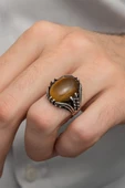 Kaplan Gözü Taşlı Oval 925 Gümüş Erkek Yüzük thumbnail 3