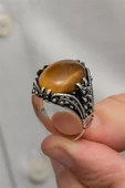Kaplan Gözü Taşlı Oval 925 Gümüş Erkek Yüzük thumbnail 6