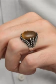 Kaplan Gözü Taşlı Oval 925 Gümüş Erkek Yüzük thumbnail 1