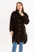 SASHA MODA KABAN KAHVE L-XL - Teddy Kumaş Gömlek Yaka Basen Boy Oversize/Salaş Kadın Kaban - 1