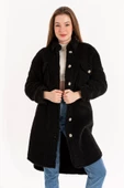 SASHA MODA KABAN SİYAH S-M - Teddy Kumaş Gömlek Yaka Basen Boy Oversize/Salaş Kadın Kaban - 1