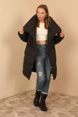 SASHA MODA MONT SİYAH L - Kapitone Kumaş Şal Yaka Bol Kalıp Yaka Detay Çıtçıtlı Kadın Mont - 1