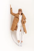 SASHA MODA MONT CAMEL S - Kapitone Kumaş Şal Yaka Bol Kalıp Yaka Detay Çıtçıtlı Kadın Mont - 1