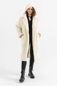 SASHA MODA TEDDYKABAN EKRU STD - Teddy Kumaş Ceket Yaka Diz Altı Boy Oversize/Salaş Kadın Kaban - 1