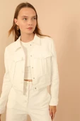 SASHA MODA CEKET EKRU XL - Kapitone Kumaş Gömlek Yaka Tam Kalıp Çıtçıt Detaylı Kadın Ceket - 1