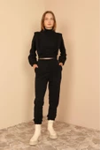 SASHA MODA TAKIM SİYAH M - Kapitone Kumaş Boğazlı Yaka Omuz Detaylı Kadın Takım - 1