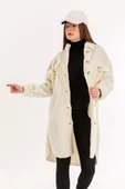 SASHA MODA KABAN EKRU S-M - Teddy Kumaş Gömlek Yaka Basen Boy Oversize/Salaş Kadın Kaban - 1