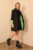 SASHA MODA YAĞMURLUK SİYAH-YEŞİL XL - Bondig Kumaş Kapşonlu Uzun Kadın Yağmurluk - 1