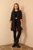 SASHA MODA YAĞMURLUK SİYAH-ORANJ XL - Bondig Kumaş Kapşonlu Uzun Kadın Yağmurluk - 1