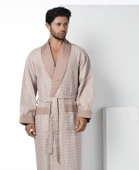 Bej Kısa Şalyaka Kareli Pike Bambo Cotton Erkek Sabahlık - 1