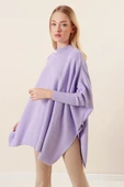 Kadın Yan Yırtmaçlı Oversize Panço Kazak Lila - 2