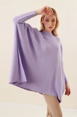 Kadın Yan Yırtmaçlı Oversize Panço Kazak Lila - 4