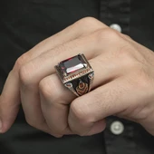 Kare Kırmızı Taşlı Faset Kesim 925 Gümüş Erkek Yüzük thumbnail 8