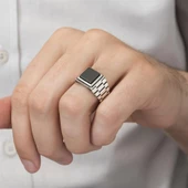 Kare Oniks Siyah Taşlı 925 Gümüş Erkek Yüzük thumbnail 7