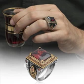 Kare Kırmızı Taşlı Faset Kesim 925 Gümüş Erkek Yüzük thumbnail 9