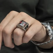 Kare Kırmızı Taşlı Faset Kesim 925 Gümüş Erkek Yüzük thumbnail 7