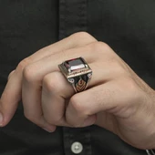 Kare Kırmızı Taşlı Faset Kesim 925 Gümüş Erkek Yüzük thumbnail 5