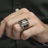 Kare Kırmızı Taşlı Faset Kesim 925 Gümüş Erkek Yüzük thumbnail 6