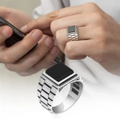 Kare Oniks Siyah Taşlı 925 Gümüş Erkek Yüzük thumbnail 11