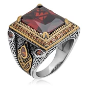 Kare Kırmızı Taşlı Faset Kesim 925 Gümüş Erkek Yüzük thumbnail 4