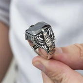 Kartal Motifli Kare Siyah Taşlı 925 Gümüş Erkek Yüzük - 8