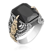 Kartal Motifli Kare Siyah Taşlı 925 Gümüş Erkek Yüzük - 3