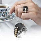 Kartal Motifli Kare Siyah Taşlı 925 Gümüş Erkek Yüzük - 11