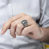 Kartal Motifli Kare Siyah Taşlı 925 Gümüş Erkek Yüzük - 5