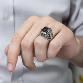 Kartal Motifli Kare Siyah Taşlı 925 Gümüş Erkek Yüzük - 6