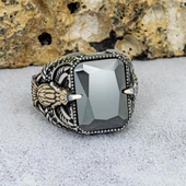 Kartal Motifli Kare Siyah Taşlı 925 Gümüş Erkek Yüzük - 2