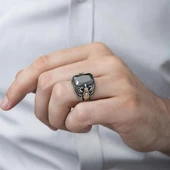 Kartal Motifli Kare Siyah Taşlı 925 Gümüş Erkek Yüzük - 4