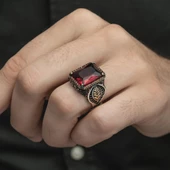 Yaprak Desenli Kırmızı Taşlı 925 Gümüş Erkek Yüzük thumbnail 4