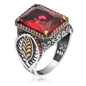 Yaprak Desenli Kırmızı Taşlı 925 Gümüş Erkek Yüzük thumbnail 11