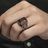 Yaprak Desenli Kırmızı Taşlı 925 Gümüş Erkek Yüzük thumbnail 10