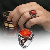 Oval Sentetik Kehribar Taşlı 925 Gümüş Erkek Yüzük - 1