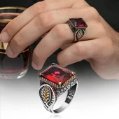 Yaprak Desenli Kırmızı Taşlı 925 Gümüş Erkek Yüzük thumbnail 9