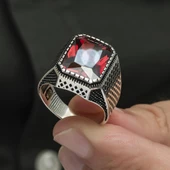 Kare Kırmızı Taşlı 925 Gümüş Erkek Yüzük - 2