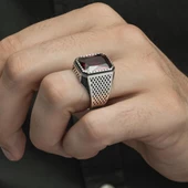 Kare Kırmızı Taşlı 925 Gümüş Erkek Yüzük - 4