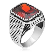 Kare Kırmızı Taşlı 925 Gümüş Erkek Yüzük - 3