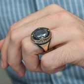 Oval Mistik Topaz Taşlı 925 Gümüş Erkek Yüzük - 11